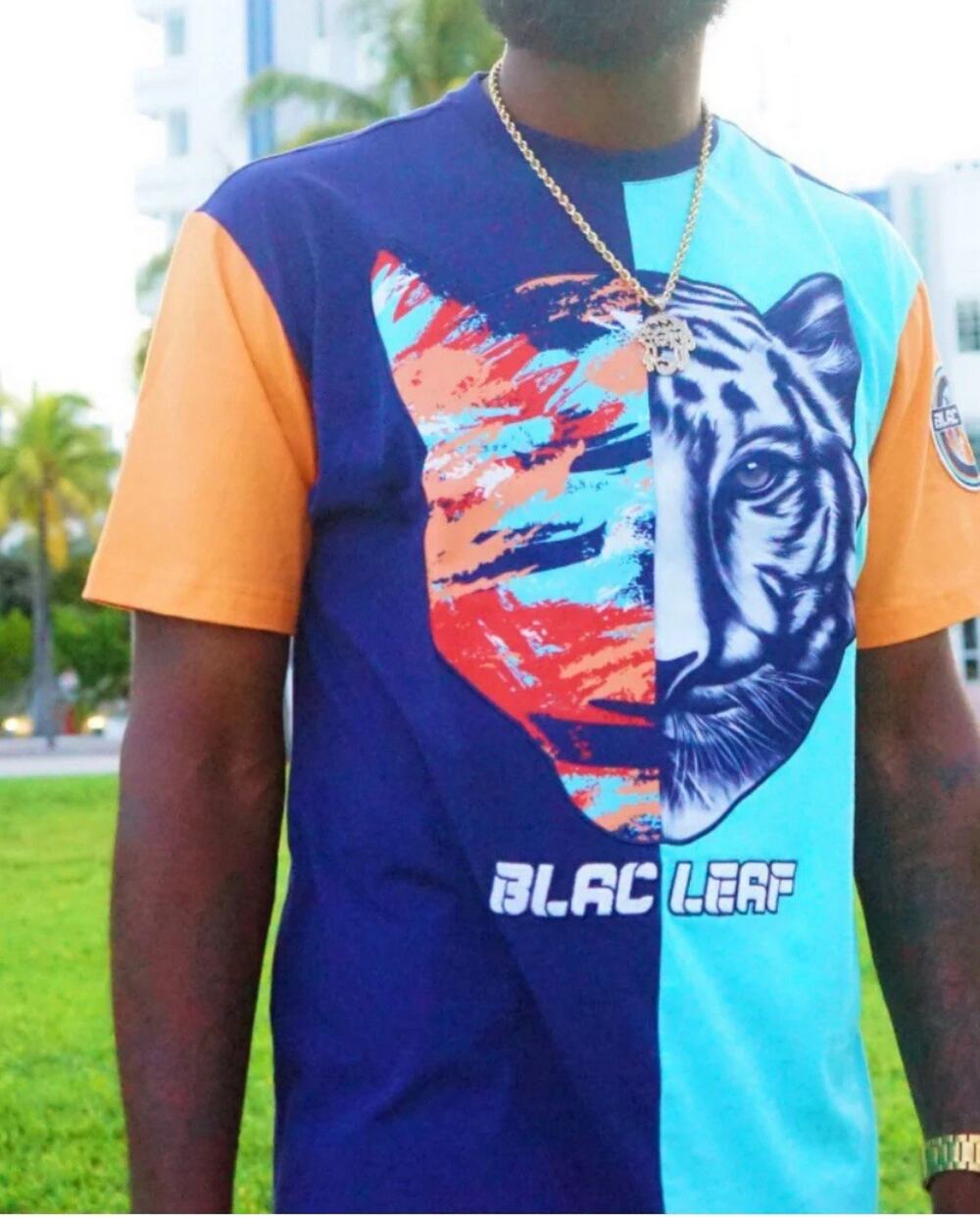BLACK LEAF SPLIT TIGER SHIRT MENS SZ LARGE MULTI-COLOR